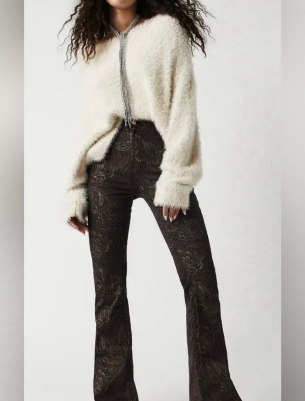 We the Free Jayde Flair High-Rise Paisley Pants in Deep Brown & Gold